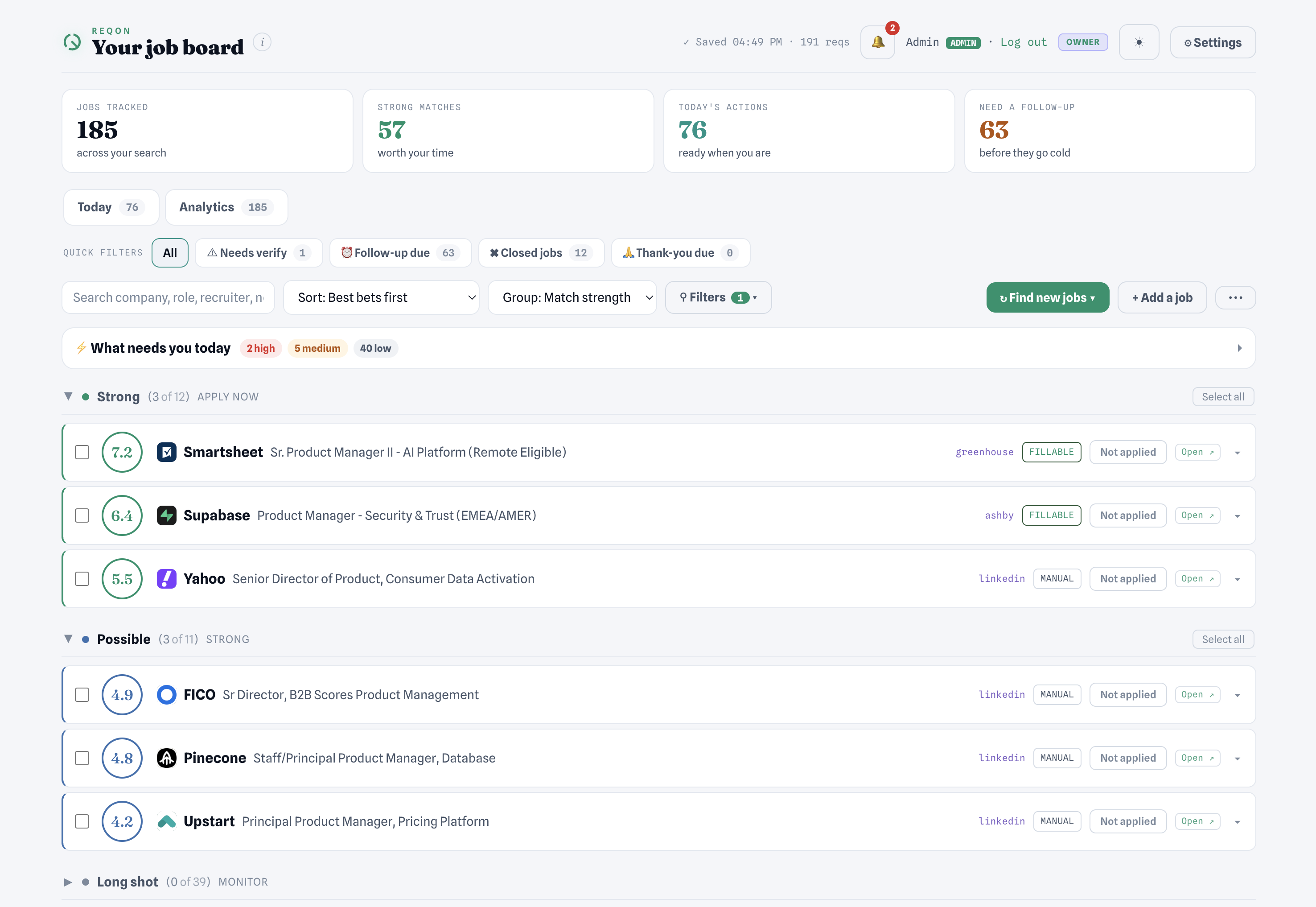 The Reqon job board: roles ranked best-first by match strength and tracked through follow-ups, interviews, and offers.