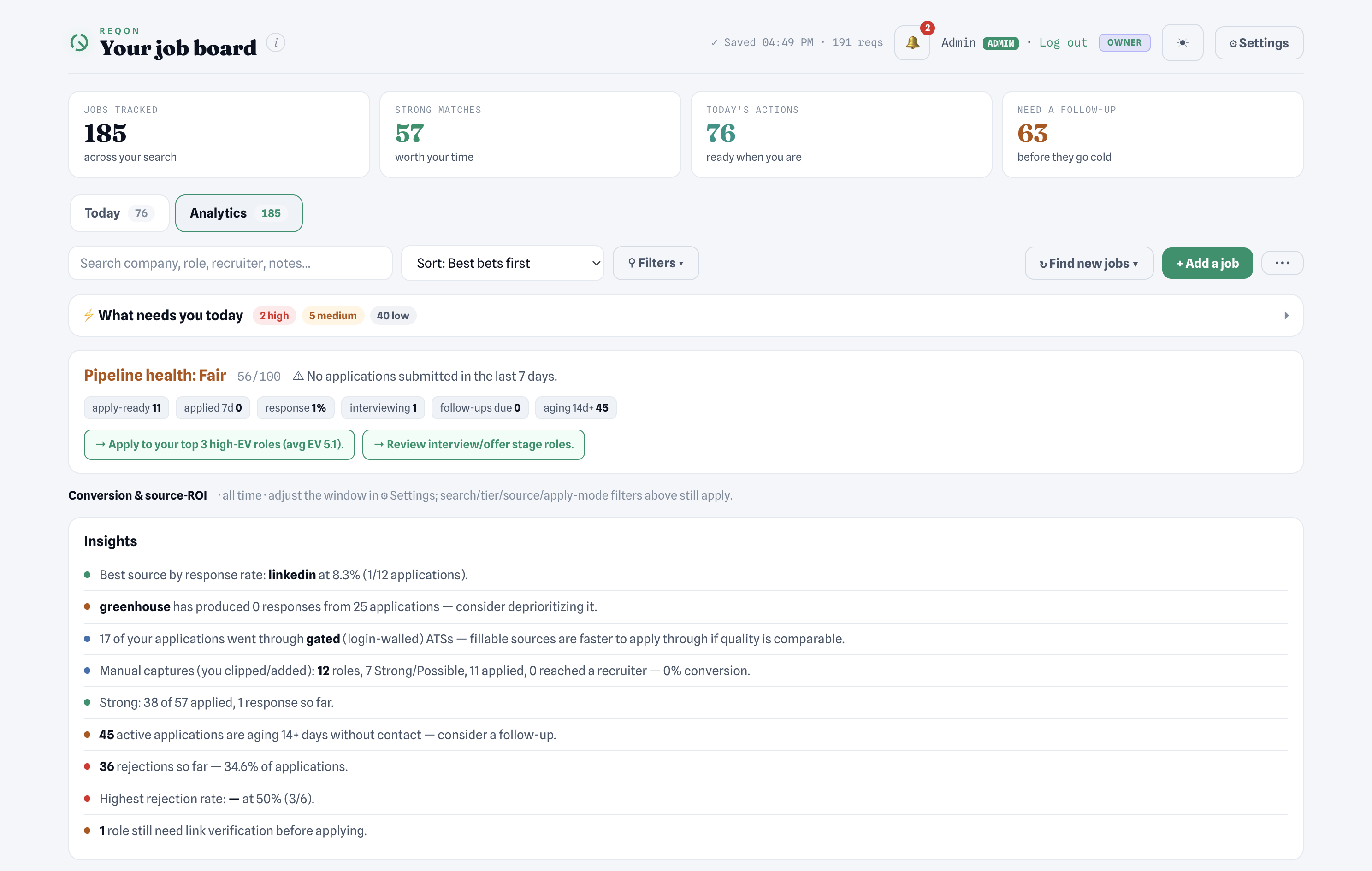 Reqon's insights: response rate, which job sources actually reply, and follow-ups going stale.