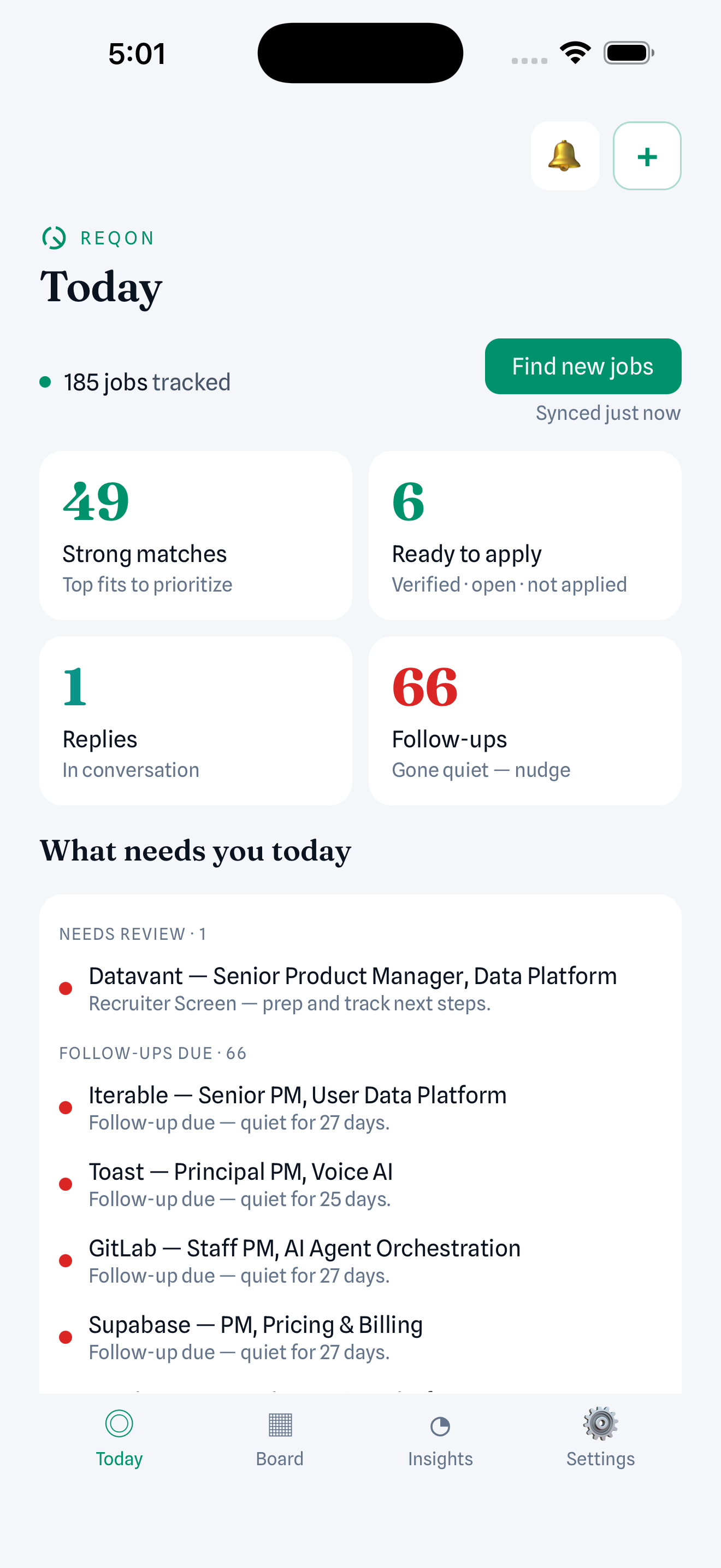 The Reqon mobile companion showing today's actions: strong matches, ready to apply, and follow-ups due.