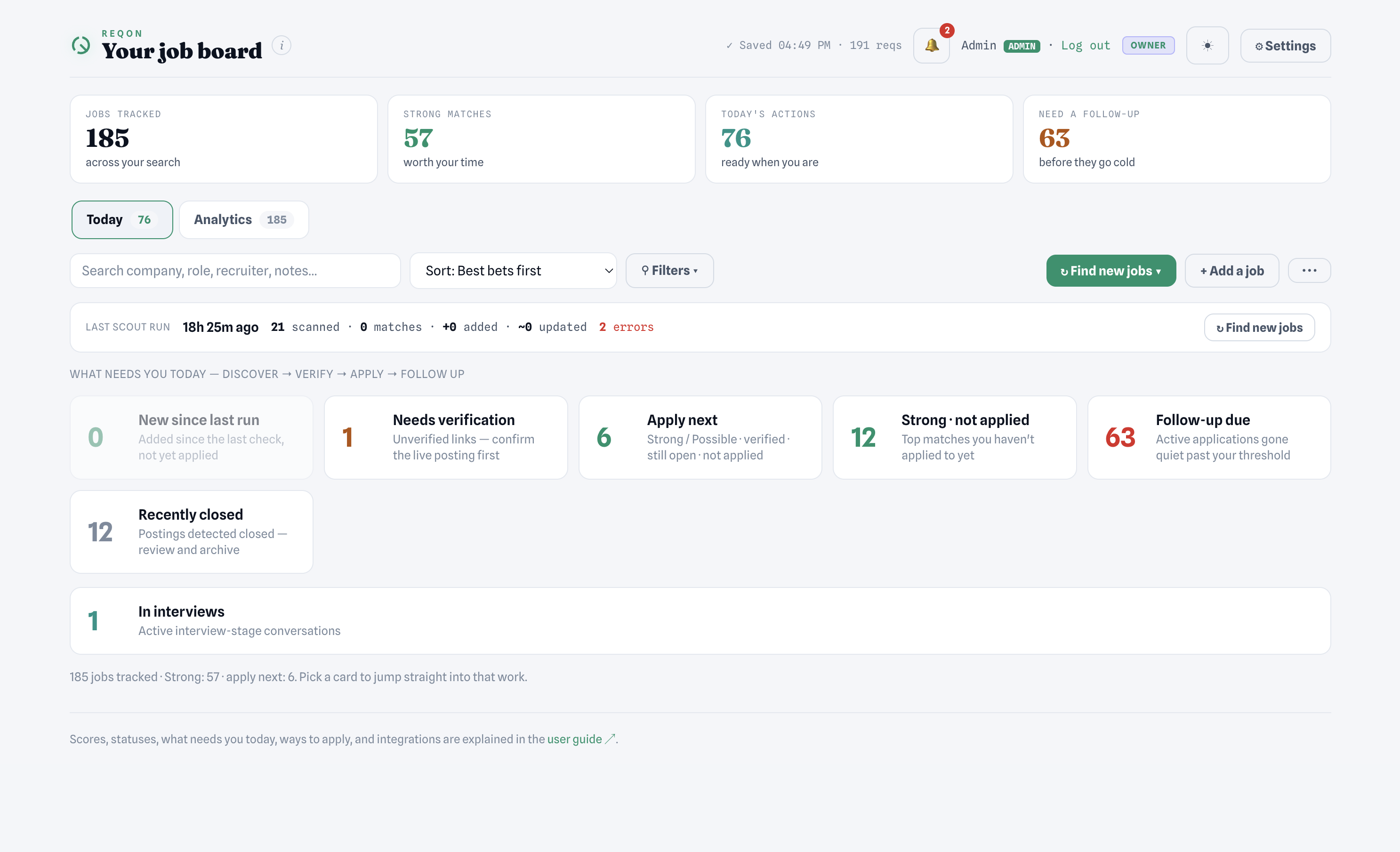 Reqon's daily board showing jobs grouped by what needs attention today.